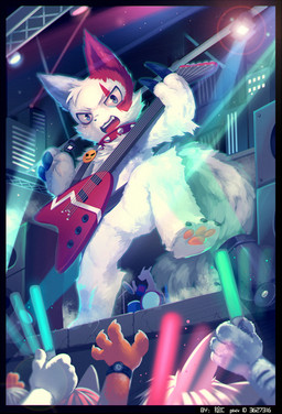 ambiguous_gender anthro arm_tuft big_claws black_claws blue_eyes ceiling_lamp chest_tuft city claws collar collar_only concert crowd detailed_background drum elbow_tuft electric_guitar featureless_crotch fluffy fluffy_tail fur glowstick group guitar head_tuft holding_guitar holding_musical_instrument holding_object kemono lamp leg_tuft lens_flare low-angle_view male multicolored_body multicolored_fur musical_instrument night nude open_mouth pawpads percussion_instrument performance pink_pawpads playing_music plucked_string_instrument red_body red_fur sky solo_focus spiked_collar spikes spotlight stage standing string_instrument tail tuft two_tone_body two_tone_fur white_body white_fur nongqiling flying_v gibson nintendo pokemon generation_3_pokemon mammal pokemon_(species) zangoose