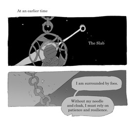 2_panel_comic black_text cage chain dialogue hornet's_needle melee_weapon narration speech_bubble text weapon white_text zero_pictured justdog hollow_knight:_silksong hollow_knight_(franchise) team_cherry 2026 comic english_text greyscale hi_res monochrome