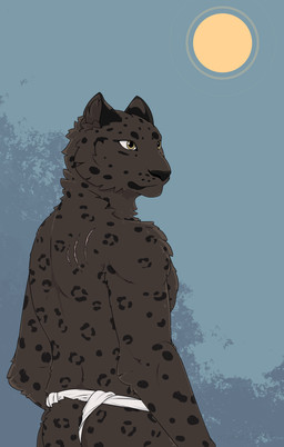 anthro asian_clothing back_toward_viewer bottomwear butt clothing east_asian_clothing fundoshi japanese_clothing loincloth male rear_view solo sun underwear yellow_eyes tiptoejeans domestic_cat felid feline felis leopard mammal pantherine hi_res
