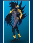 anthro beak black_body black_feathers breasts feathers female hand_on_hip looking_at_viewer nipples non-mammal_breasts non-mammal_nipples pose solo naranjou blizzard_entertainment warcraft anzu_the_raven_god avian bird corvid corvus_(genus) crow oscine passerine raven