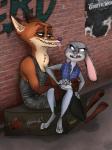 alley alternate_universe anthro band-aid bandage bodily_fluids clothed clothing duo ear_piercing female fur male piercing saliva shirt simple_background sitting tank_top tongue tongue_out tongue_piercing topwear holmssie disney zootopia judy_hopps nick_wilde canid canine fox lagomorph leporid mammal rabbit 2017 3:4 hi_res