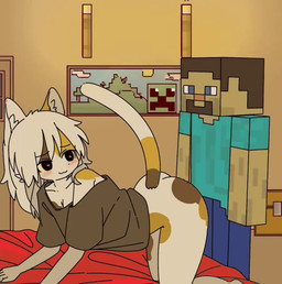 :3 all_fours anthro anthrofied bed blocky_body blush bottomless butt calico_pattern clothed clothing duo female female_anthro fur furniture hair heart_eyes heart_symbol heterochromia human_on_anthro humor inside interspecies looking_back male male/female male_human multicolored_body music on_bed painting_on_wall pelvic_thrust shirt shirt_only simple_background smile square_(anatomy) square_head tail topwear topwear_only doremifaso64 microsoft minecraft mojang xbox_game_studios steve_(minecraft) calico_cat creeper_(minecraft) domestic_cat felid feline felis human mammal animated background_music colored digital_media_(artwork) shaded short_playtime sound video