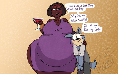 anthro belly big_belly big_breasts blush breasts brown_body brown_skin clothed clothing container cup curvy_figure dress drinking_glass duo erect_nipples eyelashes face_in_belly female fingers fur glass glass_container glass_cup hair huge_breasts jewelry male male/female necklace nipples obese open_mouth overweight simple_background size_difference smile tail text thick_thighs voluptuous voluptuous_anthro voluptuous_female wide_hips wine_glass jayme_universe greg_(afraart) canid canine human mammal digital_media_(artwork) english_text hi_res