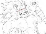 abs anthro blush bodily_fluids cum cum_on_chest genital_fluids lactating male male_lactation muscular muscular_anthro muscular_male nude odaibako pecs simple_background solo white_background gegegenomin red_earth leo_(red_earth) felid lion mammal pantherine 4:3