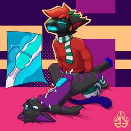 blue_blush blue_insides blue_internal blue_mouth blue_penis blue_tongue blush bodily_fluids cum cum_inside duo ejaculation genital_fluids genitals internal lying machine male male/male moan on_back penis tongue unusual_insides newt_trz astrogalaxprotofox pointlessfurry deer domestic_cat felid feline felis mammal protogen 1:1 hi_res
