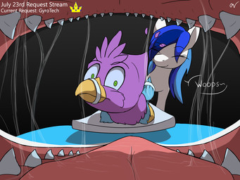 ambiguous_gender ambiguous_pred beak blue_body bodily_fluids duo feathered_crest feathered_wings feathers female feral feral_pred feral_prey green_eyes head_crest imminent_vore larger_pred male male_prey mouth_shot muzzle_bound open_mouth pink_body quadruped saliva sharp_teeth size_difference tail tail_tuft teeth tongue tuft vore wings wings_tied magicalfurry hasbro my_little_pony mythology gyro_feather viveca aquatic avian bird cetacean dolphin equid equine galliform gryphon mammal mythological_avian mythological_creature mythological_equine oceanic_dolphin orca peafowl pegasus phasianid toothed_whale 4:3 hi_res