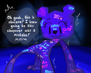 anthro blush bodily_fluids crab_walk dialogue female flat_chested genitals glowing heart_(marking) loli looking_at_self markings night nipples nude paper sleepover solo surprised sweat sweatdrop vulva young krackdown9 cartoon_network the_amazing_world_of_gumball teri_(tawog) bear mammal paper_creature digital_drawing_(artwork) digital_media_(artwork)