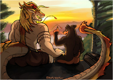 anthro backpack clothed clothing cloud duo hand_on_leg hand_on_thigh lake laugh male mane mountain muscular nature nude outside plant ren_homura rock sitting size_difference smile sunset tail tongue topless tree water whiskers wolfywetfurr_(artist) mythology bruce_(vtfur) vtfur canid canine canis domestic_dog dragon eastern_dragon mammal mastiff molosser mythological_creature mythological_scalie rottweiler scalie