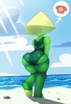 beach butt butt_focus clothed clothing cloud female green_body light light_beam outside pose rear_view sand sea solo sunbeam sunlight sunny thick_thighs thought_bubble water wide_hips moffboi cartoon_network steven_universe gem_(species) humanoid peridot_(gem_species) absurd_res digital_drawing_(artwork) digital_media_(artwork) hi_res pinup shaded