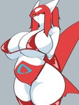 :< anthro belly big_breasts bikini biped blue_markings breasts cleavage clothed clothing curvy_figure female female_anthro front_view grey_background hair hands_behind_back huge_breasts kemono legwear long_hair looking_at_viewer markings monotone_hair multicolored_body multicolored_skin nipple_outline pokemorph ponytail red_bikini red_body red_clothing red_hair red_legwear red_skin red_swimwear red_thigh_highs red_wings simple_background skimpy slightly_chubby solo standing swimwear thick_thighs thigh_highs three-quarter_view two-piece_swimsuit voluptuous white_body white_ears white_skin wide_hips wings yellow_eyes ashi_foot nintendo pokemon generation_3_pokemon latias legendary_pokemon pokemon_(species) 2024 absurd_res colored digital_media_(artwork) hi_res portrait three-quarter_portrait