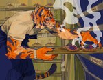 anthro apron baking cigarette cigarette_in_mouth clock clothing cooking fur green_eyes male object_in_mouth orange_body orange_fur smoke stiinken felid mammal pantherine tiger hi_res