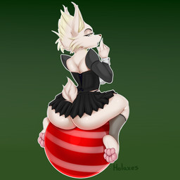 anthro bottomwear butt cheek_tuft clothing colored_nails corset facial_tuft female fur grey_eyes half-closed_eyes lingerie lips looking_back miniskirt nails narrowed_eyes pawpads paws rear_view skirt small_tail solo sphere tail topwear tuft white_body white_fur holaxes canid mammal absurd_res hi_res