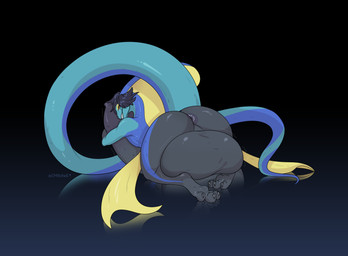 anthro anus balls belly big_balls big_belly big_penis black_hair black_penis blue_body blue_skin brown_eyes cock_vore fin genitals hair holding_penis huge_balls huge_penis hyper hyper_balls hyper_genitalia hyper_penis long_tail male male_pred penile penis rear_view solo tail vore cmitchell nintendo pokemon generation_8_pokemon inteleon pokemon_(species) 2025 hi_res