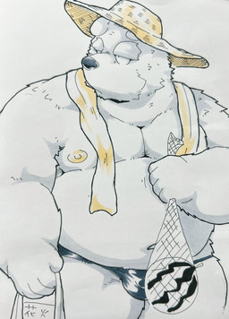 anthro belly big_belly bulge clothing food fruit hat headgear headwear humanoid_hands kemono male melon moobs navel nipples overweight overweight_male plant simple_background solo straw_hat swimwear towel towel_around_neck watermelon suishou0602 bear mammal 2022 hi_res