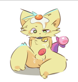 anthro anus balls bell bell_collar bent_legs blush bodily_fluids collar cum cum_on_self egg egg_on_head fur genital_fluids genitals green_eyes hands_behind_back male penis simple_background sitting small_penis solo tail wearing_collar white_background x_anus yellow_body yellow_ears yellow_fur young ranshinumeda334 tamasuke domestic_cat felid feline felis mammal 2025