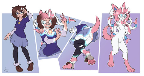 anthro bottomwear breasts clothing crotch_tuft eyewear eyewear_only featureless_breasts featureless_crotch female glasses glasses_only navel nude skirt solo species_transformation torn_bottomwear torn_clothing transformation transformation_sequence tuft wearing_glasses shrubie_fox nintendo pokemon eeveelution generation_6_pokemon human mammal pokemon_(species) sylveon hi_res