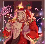 anthro antlers body_hair chest_hair christmas_decorations christmas_lights clothed clothing fingers horn humanoid_hands male muscular muscular_anthro muscular_male pink_nose santa_coat solo string_lights waff_hiroshi cygames world_flipper nimbus_(world_flipper) felid mammal pantherine tiger 2024 absurd_res colored hi_res signature