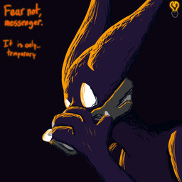 4_fingers ambiguous_gender black_background ears_back feral fingers hand_on_nose hand_on_object muzzle_(object) muzzled pivoted_ears purple_body reassuring scared simple_background solo text white_eyes white_nose aft3r_d4rk rain_world videocult spearmaster_(rain_world) slugcat 1:1 digital_media_(artwork) english_text lineless