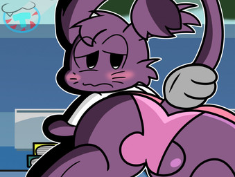 ambiguous_gender anthro ball_slap balls big_butt black_eyes blue_wall book butt ceiling cheek_tuft clothed clothed_anthro clothed_male clothing disembodied_hand duo eye_through_hair facial_tuft feet frowning_at_viewer fur genitals hair half-closed_eyes inside light logo looking_at_viewer looking_back looking_back_at_viewer male male_anthro markings motion_lines narrowed_eyes noseless outline pink_clothing pink_underwear purple_balls purple_body purple_fur purple_hair purple_tail shirt shy slap solo_focus tail tail_hold topwear translucent translucent_hair tuft underwear wall_(structure) whisker_markings white_clothing white_outline white_shirt white_topwear mintytempest kappa_mikey guano_(kappa_mikey) mammal unknown_species 2017 artist_logo colored digital_drawing_(artwork) digital_media_(artwork) english_description lighting shaded