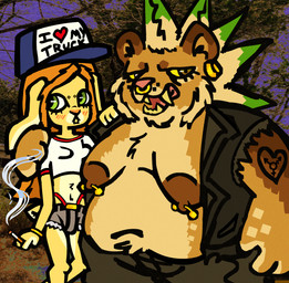 alternative_fashion ambiguous/ambiguous ambiguous_gender anthro arm_tattoo belly bottomwear breasts bridge_piercing buckteeth cigarette clothed clothing crop_top denim denim_bottomwear denim_clothing denim_shorts denim_topwear denim_vest duo exposed_breasts facial_piercing fangs fluffy fluffy_belly fluffy_chest gender_symbol hat headgear headwear mohawk navel nipple_piercing nipples nose_piercing outside overweight photo_background piercing sagging_breasts septum_piercing shirt shorts slim smoke symbol tattoo teeth thong_straps topless topwear trailer_trash transgender_symbol trucker_hat vest catponything jocelyn_(catponything) pudding_(catponything) felid lagomorph leporid lion mammal pantherine rabbit absurd_res hi_res mixed_media photo_manipulation photography_(artwork) nonbinary_(lore) trans_(lore)