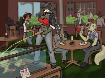 4_toes angry anthro aquarium balls barefoot black_body black_fur bodily_fluids breasts exhibitionism feet female fish_tank food fur genital_fluids genitals gynomorph gynomorph_anthro gynomorph_peeing holding_penis improvised_toilet intersex intersex_anthro intersex_peeing male omorashi paws peeing penis plantigrade public public_exposure public_indecency public_urination red_eyes restaurant sex surprised toes unzipped unzipped_pants urine vivarium waiter watersports zipper hentaixt erikuma_(hentaixt) arthropod bear black_bear canid canine crustacean decapod lagomorph leporid lobster malacostracan mammal marine rabbit ursine