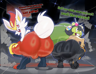 anthro balls_outline big_butt black_hair bodily_fluids bottomwear buckteeth bulge butt candy clothed clothing cosplay crossover_cosplay crouching dessert detailed_bulge dialogue duo electronics eyelashes femboy food footwear fully_clothed fur genital_outline green_body green_fur hair inviting looking_at_viewer looking_back looking_back_at_viewer male male/male monitor motion_blur motion_lines musk one_eye_closed onomatopoeia open_mouth open_smile pants shoes smelly smelly_butt smile sniffing_request sound_effects sweat sweatdrop tail talking_to_viewer teeth text thick_tail tight_bottomwear tight_clothing tight_pants tongue twerking white_body white_fur wink submarine_screw happy_tree_friends nintendo pokemon pokemon_legends_z-a emma_(pokemon) nutty_(htf) cinderace generation_8_pokemon lagomorph mammal pokemon_(species) rodent sciurid tree_squirrel 2026 crossover english_text hi_res