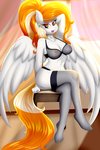 anthro areola big_breasts bra breasts cleavage clothed clothing crossed_legs female hair legwear orange_hair panties pose sitting solo thigh_highs translucent translucent_clothing underwear white_body wings rainbownspeedash hasbro my_little_pony mythology rita_cloudy equid equine horse mammal mythological_creature mythological_equine pegasus pony absurd_res hi_res