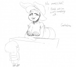 ambiguous_gender anthro big_breasts breasts choker clothed clothing dialogue duo female hat headgear headwear jewelry necklace nipples off_shoulder text garbledina undertale undertale_(series) frisk_(undertale) rabbit_shopkeeper human lagomorph leporid mammal rabbit black_and_white english_text monochrome