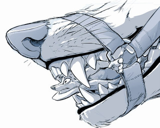 ambiguous_gender anthro bdsm bondage bound duo extreme_size_difference fangs larger_ambiguous male micro micro_abuse micro_in_mouth micro_on_tongue muzzle_(object) size_difference smaller_male teeth tongue whiskers tirrel canid canine mammal black_and_white monochrome