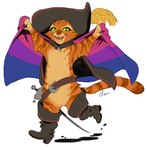 anthro belt bisexual_pride_colors boots cape clothing flag flag_(object) footwear fur green_eyes hat headgear headwear holding_flag holding_object lgbt_pride looking_at_viewer male markings melee_weapon open_mouth orange_body orange_fur pride_color_flag pride_colors rapier simple_background smile solo striped_body striped_markings stripes sword tail weapon white_background fruitofwinter dreamworks puss_in_boots_(dreamworks) puss_in_boots_(character) domestic_cat felid feline felis mammal tabby_cat hi_res
