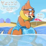 1:1 ambiguous_gender babying beach blush buizel burritokitten diaper embarrassed english_text feral generation_4_pokemon hand_behind_head hi_res nintendo offscreen_character partially_submerged pokemon pokemon_(species) printed_diaper solo standing standing_in_water swim_diaper text