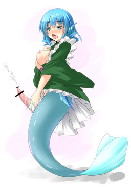 blue_eyes blue_hair blue_membrane blush bodily_fluids breasts censor_bar clothing crossgender cum cumshot dress drooling ear_fins ejaculation erection fin ftg_crossgender fti_crossgender genital_fluids genitals green_clothing green_dress gynomorph hair intersex masturbation membrane_(anatomy) nipples open_mouth penile penile_masturbation penis saliva solo split_form tapering_penis tongue webbed_hands wide_sleeves kirisaki_byakko touhou wakasagihime aquatic merfolk 2013 censored