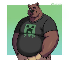 anthro belly big_nose black_clothing black_shirt black_topwear blush blush_lines bottomwear brown_body brown_fur clothing fur gradient_background green_background green_eyes hand_in_pocket male muscular muscular_male one_eye_closed overweight overweight_male piercing pockets shirt simple_background smile solo topwear white_background wink dynogreeno microsoft minecraft mojang xbox_game_studios bear brown_bear creeper_(minecraft) mammal ursine hi_res