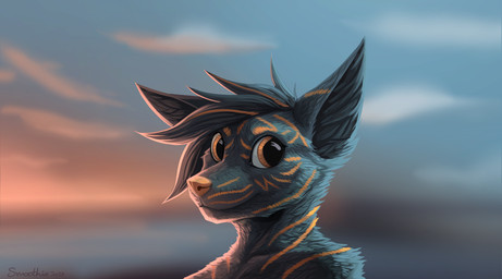 anthro biped facial_markings fluffy fur grey_body grey_fur grey_hair hair head_markings highlights_(coloring) looking_at_viewer markings nude orange_eyes orange_highlights orange_markings orange_nose smile solo storm sunrise sunset wind boofbuppy frowl felid mammal pantherine tiger bust_portrait digital_media_(artwork) digital_painting_(artwork) hi_res painting_(artwork) portrait