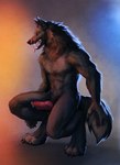 anthro black_body bodily_fluids breath crouching cum erection excited fangs fluffy genital_fluids genitals grin knot leaking_cum male panting penis pose precum scar smile solo tail teeth thick_penis thorne_(redderblood) tongue tongue_out redderblood mythology canid canine mammal mythological_canine mythological_creature werecanid werecanine werecreature werewolf absurd_res hi_res painting_(artwork) pinup