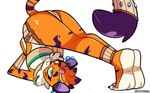 accessory anthro blue_ear_piercing blue_eyes bracelet breasts butt cheek_tuft closed_smile clothed clothed_anthro clothed_female clothing digit_ring dipstick_tail ear_piercing eyebrows eyelashes facial_tuft fangs feet female fur fur_markings fur_tuft furgonomics head_tuft humanoid_feet jewelry looking_at_viewer magic_user markings mouth_closed multicolored_body multicolored_fur orange_body orange_fur piercing plantigrade pupils purple_body purple_fur purple_inner_ear purple_nose purple_tail_tip ring shaman simple_background slit_pupils smile soles solo stretching tail tail_accessory tail_markings teeth toe_ring toes tribal_spellcaster tuft white_background white_body white_fur white_soles yourhardnerdcollector rana_(ghostofcastro) felid mammal pantherine tiger hi_res