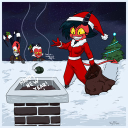 black_eyes clothing cold container costume cup explosives female grenade group hair holidays horn makeup male not_furry red_body red_skin santa_costume snow weapon yellow_sclera vylfgor christmas hellaverse helluva_boss new_year blitzo_(helluva_boss) millie_(helluva_boss) moxxie_(helluva_boss) santa_claus demon humanoid imp 1:1 2020 hi_res