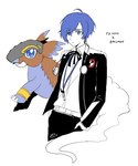 armor blue_eyes blue_hair brown_body brown_fur clothing duo feral fur hair headgear helmet school_uniform tusks uniform slayer_dramonz atlus bandai_namco digimon megami_tensei megami_tensei_persona sega minato_arisato digimon_(species) human mammal tapirmon