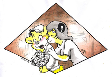 anthro anthro_on_anthro blush bouquet closed_smile clothed clothing duo eyes_closed female fur grey_hair hair hat head_tuft headgear headwear kissing logo male male/female mouth_closed open_mouth smile tuft white_body white_fur yellow_body yellow_fur young young_anthro young_male pandapaco bear mammal 2016 artist_logo dated hi_res signature