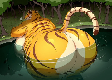 anthro bathing big_breasts big_butt breasts butt female flower forest fur huge_breasts huge_butt macro nude plant raised_tail shrub sigh solo striped_body stripes tail tree water yellow_body yellow_fur suzume_333 felid mammal pantherine tiger hi_res