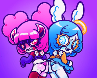 2_horns afro_puffs blue_blush blue_bottomwear blue_clothing blue_eyes blue_panties blue_skirt blue_tongue blue_underwear blush bodily_fluids bottomwear butt_bump clothed clothed_female clothed_humanoid clothing duo eyelashes female female/female female_humanoid glistening_eyelids hair halo head_horn head_wings horn legwear long_sleeves narrowed_eyes nervous nervous_smile not_furry open_mouth open_smile panties pink_clothing pink_hair pink_panties pink_underwear pupils purple_background red_clothing red_eyes red_legwear red_thigh_highs simple_background skirt smile sweat sweater thigh_highs tongue topwear underwear unusual_eyes unusual_pupils unusual_wing_placement wings young chocovania chocovania_(chocovania) vanille_(chocovania) angel angel_humanoid demon demon_humanoid humanoid imp 2024 digital_media_(artwork) hi_res