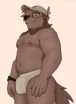 5_fingers anthro baseball_cap black_nose bodily_fluids briefs brown_body brown_fur brown_hair bulge claws clock clothing eyewear finger_claws fingers floppy_ears freckled_face freckles fur glasses hair hat headgear headwear long_ears male monotone_briefs monotone_clothing monotone_underwear mostly_nude_male musclegut muscular muscular_anthro muscular_male navel nipples slightly_chubby slightly_chubby_anthro slightly_chubby_male snaggle_tooth solo sweat sweatdrop tail text text_on_clothing text_on_hat text_on_headwear tighty_whities underwear waistband_stripe watch wearing_glasses wearing_hat white_briefs white_clothing white_underwear wristwatch nextel reed_(bearra) canid canine canis domestic_dog mammal 2026 english_text hi_res portrait three-quarter_portrait