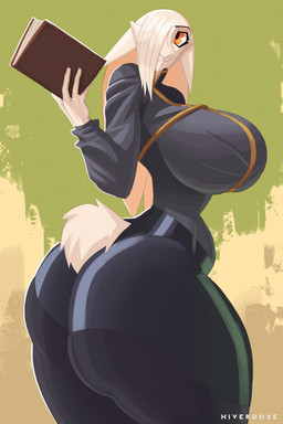 anthro big_breasts big_butt book breasts butt clothing female fur hair hair_over_eye holding_book holding_object huge_breasts huge_butt hyper scut_tail short_tail solo tail thick_thighs tight_clothing white_body white_fur hiverdose last_fables eni_siverets_(last_fables) hare lagomorph leporid mammal hi_res