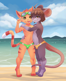 anthro beach biped brown_body buckteeth bulge clothed clothing countershade_face countershade_torso countershading day digitigrade duo eyewear eyewear_on_head gesture gloves_(marking) goggles goggles_on_head grey_body grey_countershading grey_markings hair hand_gesture head_tuft hug leg_markings looking_at_viewer male markings one_eye_closed outside pink_nose pose short_hair socks_(marking) speedo speedo_only swimming_goggles swimwear tan_body teeth tongue tongue_out topless tuft v_sign wink young young_anthro young_male b-ern exander domestic_cat felid feline felis mammal mouse murid murine rodent 2025 hi_res