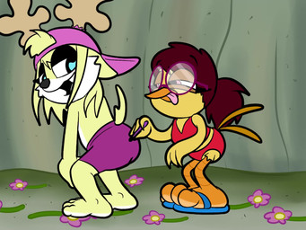 anthro beak bikini blush bottomwear clothed clothing covering covering_crotch covering_self duo embarrassed eyewear feet female glasses looking_at_viewer male male/female pants public public_nudity smile sound_effects swimwear toes torn_bottomwear torn_clothing torn_pants two-piece_swimsuit wardrobe_malfunction baggy_(artist) nickelodeon spongebob_squarepants baggy_(character) elo_(nouvaera) avian bird chicken deer galliform mammal phasianid 2d_animation 4:3 animated digital_media_(artwork) hi_res short_playtime sound subtle_animation video