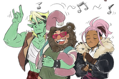 beard blonde_hair bottomwear brown_hair clothed clothing collared_shirt crop_top crossdressing crossdressing_male dancing eyewear facial_hair female femboy fully_clothed green_body green_skin group hair humanoid_pointy_ears male muscular muscular_humanoid muscular_male not_furry pointy_ears ponytail shirt shutter_shades simple_background skirt teeth topwear trio itskatieclearly drawfee_(copyright) drawtectives grendan_highforge gyorik_rogdul rose_(drawtectives) dwarf human humanoid mammal orc 3:2 digital_media_(artwork) hi_res nonbinary_(lore)