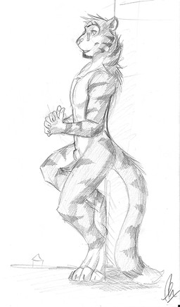 animal_genitalia anthro fully_sheathed fur genitals looking_at_viewer male male_anthro markings nude sheath side_view simple_background smile solo standing striped_arms striped_body striped_fur striped_legs striped_markings striped_tail stripes tail tail_markings solaxe_(artist) hufnaar_(character) felid mammal pantherine tiger full-length_portrait monochrome portrait signature sketch