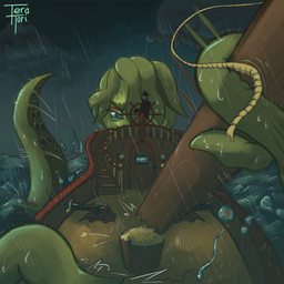 action_scene blue_eyes detailed_background eyeshadow green_body green_hair hair makeup monster_girl_(genre) motion_lines pirate pseudo_hair sea ship_deck shipwreck storm tentacle_hair tentacles water wave teratori kraken 1:1