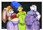 2_horns 4_fingers anthro ascot bare_shoulders bedroom_eyes beehive_(hairstyle) belly big_belly big_breasts big_eyes big_navel biped bite biting_lip biting_own_lip black_blush black_eyebrows blue_ascot blue_hair blush blush_lines border breasts brown_eyes brown_nose button_(fastener) cheek_tuft clothed clothed_anthro clothed_female clothed_human clothing curved_eyebrows cute_fangs dress eye_markings eyebrows eyelashes facial_markings facial_tuft fangs female fingers floppy_ears front_view fully_clothed fully_clothed_anthro fully_clothed_female fur fur_tuft gem glistening glistening_eyelids glistening_eyes glistening_hair glistening_nose green_clothing green_dress group hair hand_behind_back hand_on_chest hand_on_hip hand_on_own_chest hand_on_own_hip head_markings horn huge_belly huge_ears iris jewelry light_body light_fur light_hair light_skin lips long_eyelashes looking_down lop_ears markings mature_anthro mature_female mature_human medium_breasts monotone_body monotone_fur monotone_horn monotone_skin multicolored_body multicolored_clothing multicolored_ears multicolored_fur multicolored_robe multicolored_topwear multicolored_vest muzzle_(marking) narrowed_eyes navel navel_blush necklace no_irises orange_body orange_ears orange_fur orange_hair orange_markings outie_navel outline outside_border pearl_(gem) pearl_necklace pink_blush pink_inner_ear pink_lips pose pregnant pregnant_anthro pregnant_female pregnant_human print_clothing print_robe pupils purple_clothing purple_dress purple_eyes red_jewelry red_necklace robe seductive self_bite short_hair short_horn small_horn smile snout standing tan_body tan_ears tan_fur teeth text thick_bottom_lip thin_eyebrows topwear trio tuft two_tone_clothing two_tone_ears two_tone_topwear two_tone_vest vest white_body white_border white_ears white_fur white_horn white_markings white_outline wide_hipped_anthro wide_hipped_female wide_hips yellow_body yellow_breasts yellow_ears yellow_nose yellow_skin killboo sega sonic_the_hedgehog_(series) the_simpsons undertale undertale_(series) marge_simpson toriel vanilla_the_rabbit boss_monster_(undertale) bovid caprine goat human lagomorph leporid mammal rabbit 2025 artist_name crossover hi_res traditional_media_(artwork)