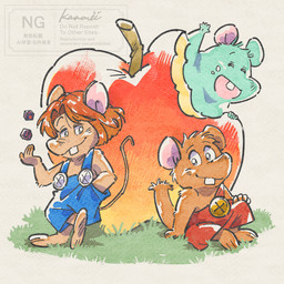 anthro apple biped blue_body brown_body brown_hair chibi dice eyes_closed food fruit group hair open_mouth plant sitting yumekana23 gamba_no_bouken gamba_no_bouken_(series) bobo_(gamba_no_bouken) ganba ikasama mammal mouse murid murine rodent 1:1 2026 absurd_res hi_res watermark
